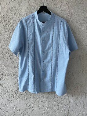 Linen Cotton Blend Guayabera Shirt Mens XL Light Blue Band Collar Crochet